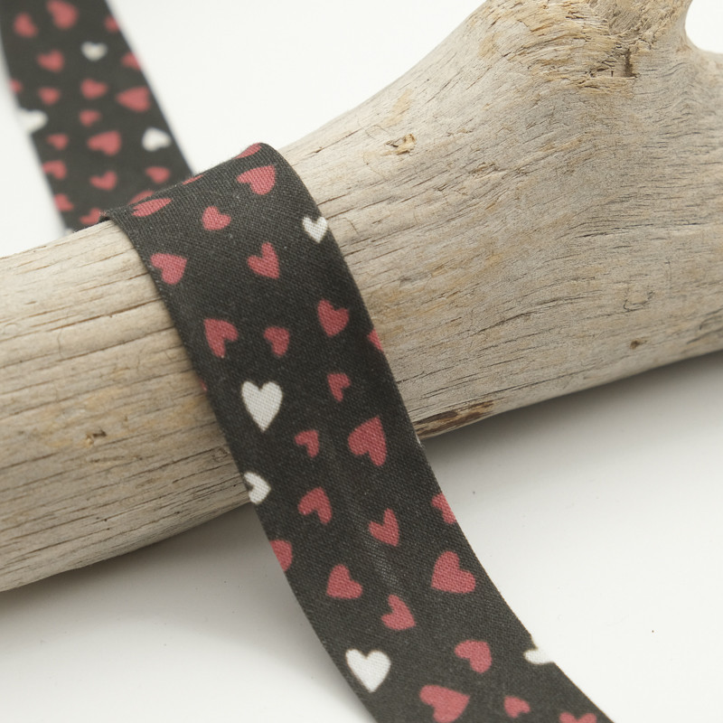 25MM Printed Bias Tape - Black Hearts - Maison Klem